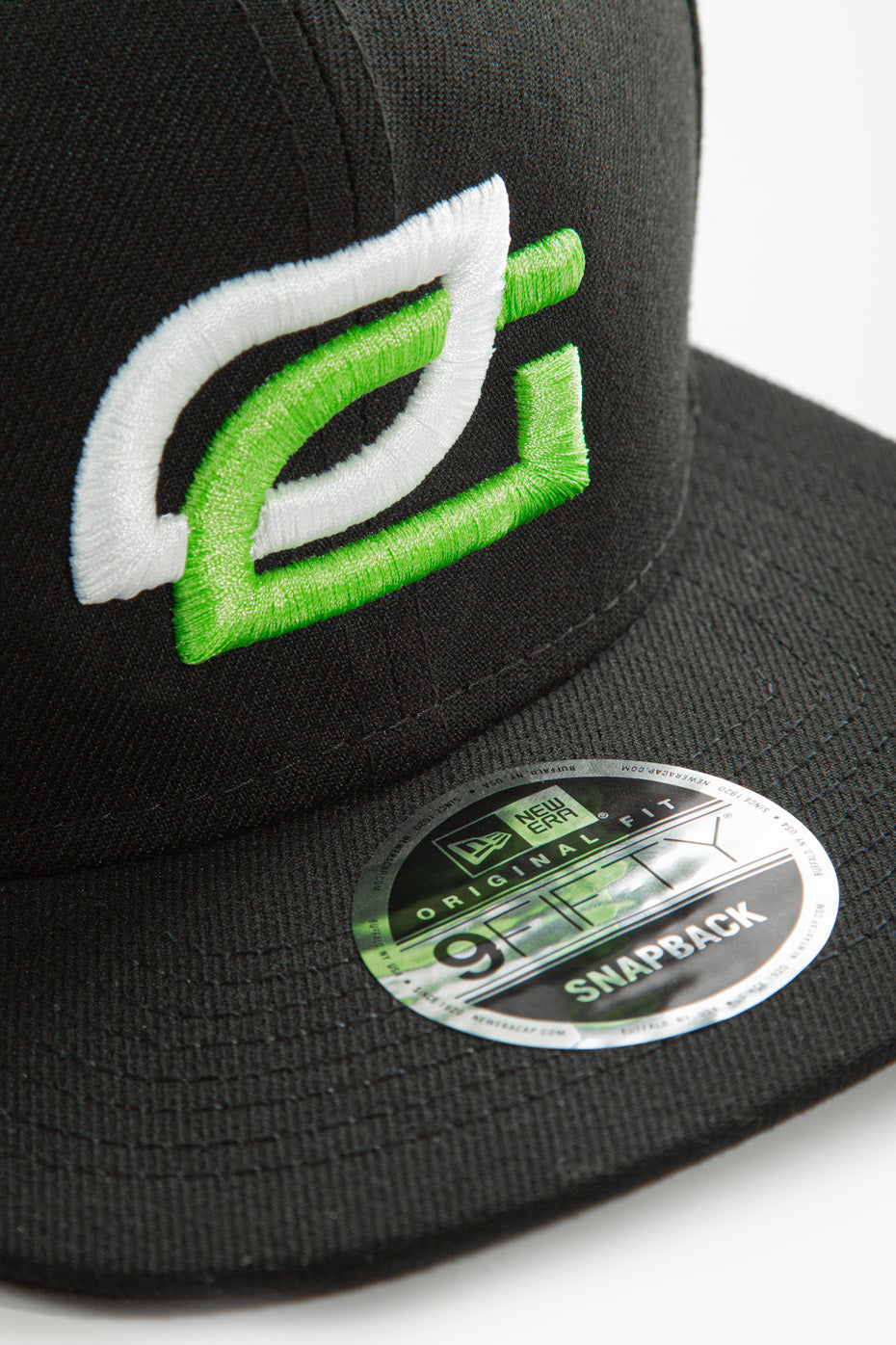Green Label Standard Hat Close up of New Era and Optic Gaming logo